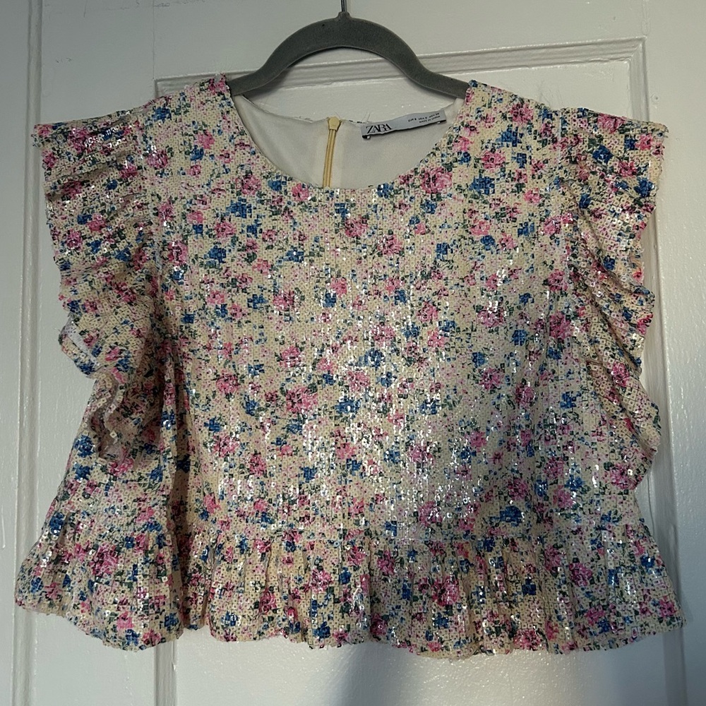 Zara Floral Sequined Top with Ruffled Sleeves & Hem